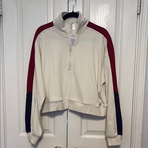 Fabletics Year Round Cream Quarter-Zip Sweatshirt with Red and Navy Stripes